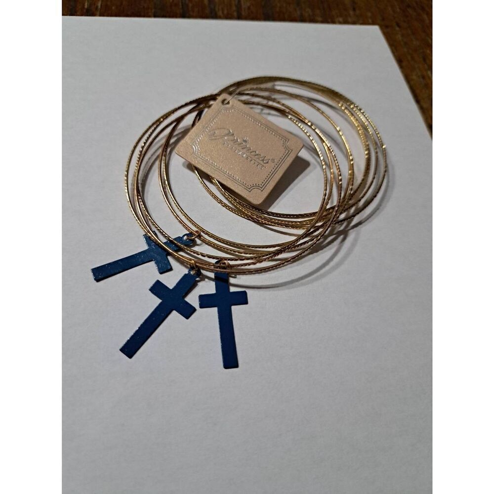 New Princess Accessories Goldtone Thin Bangle Cross Bracelet Set NWT